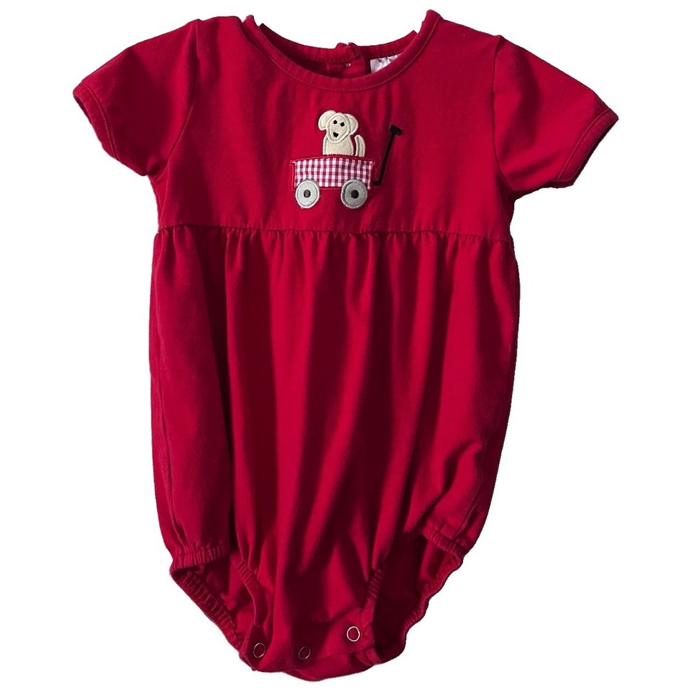 Bitty StitchyFish Girls Red Knit Romper 18M Short Sleeve Embroidered Bear Button